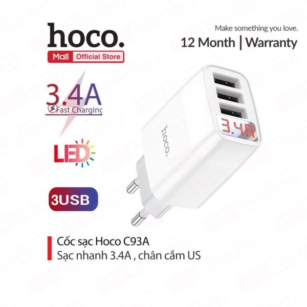 ￼Củ Sạc 3.4A Hoco C93A Chân Tròn 3 Cổng USB, Màn Hình Led Hiển Thị Nguồn Điện