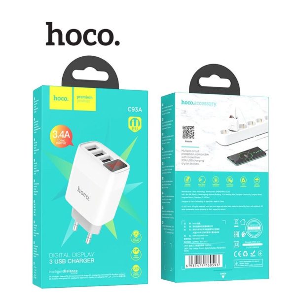 ￼Củ Sạc 3.4A Hoco C93A Chân Tròn 3 Cổng USB, Màn Hình Led Hiển Thị Nguồn Điện