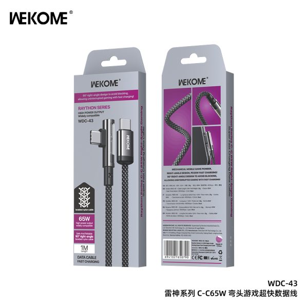 Cáp Sạc Nhanh  90° WEKOME WDC-43 C to C – PD 65W, Thiết Kế Gaming Chống Vướng Tay