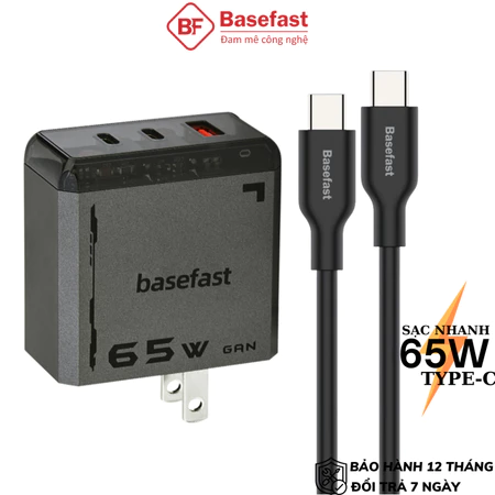 Bộ sạc type-c 65W Basefast củ sạc Gan 65W kèm dây silicon cho máy tính bảng laptop samsung Mac Xiaom