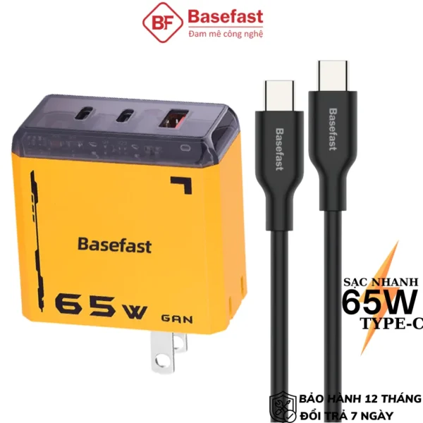 Bộ sạc type-c 65W Basefast củ sạc Gan 65W kèm dây silicon cho máy tính bảng laptop samsung Mac Xiaom