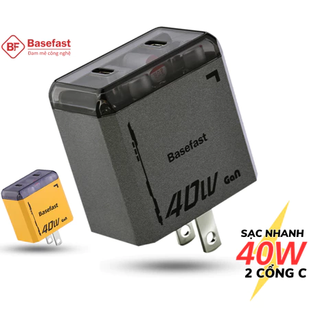Củ sạc nhanh 40W Basefast Cốc sạc 2 cổng Type C chống quá tải nhiệt dùng cho iP samsung xiaomi oppo