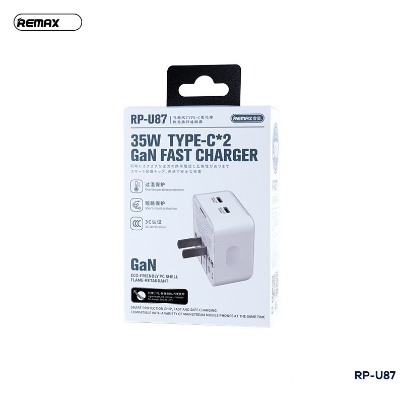 Củ sạc nhanh REMAX RP-U87 GaN 35W PD+QC 2 cổng Type C