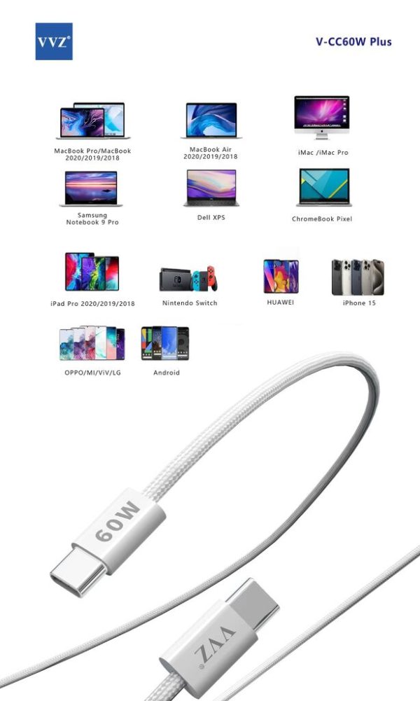 Cáp C to C dài 2 mét hãng VVZ, sạc siêu nhanh 60w, Model: V - CC60w Plus Cáp C to C dài 2 mét hãng VVZ, sạc siêu nhanh 60w, Model: V - CC60w Plus