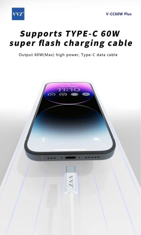 Cáp C to C dài 2 mét hãng VVZ, sạc siêu nhanh 60w, Model: V - CC60w Plus Cáp C to C dài 2 mét hãng VVZ, sạc siêu nhanh 60w, Model: V - CC60w Plus