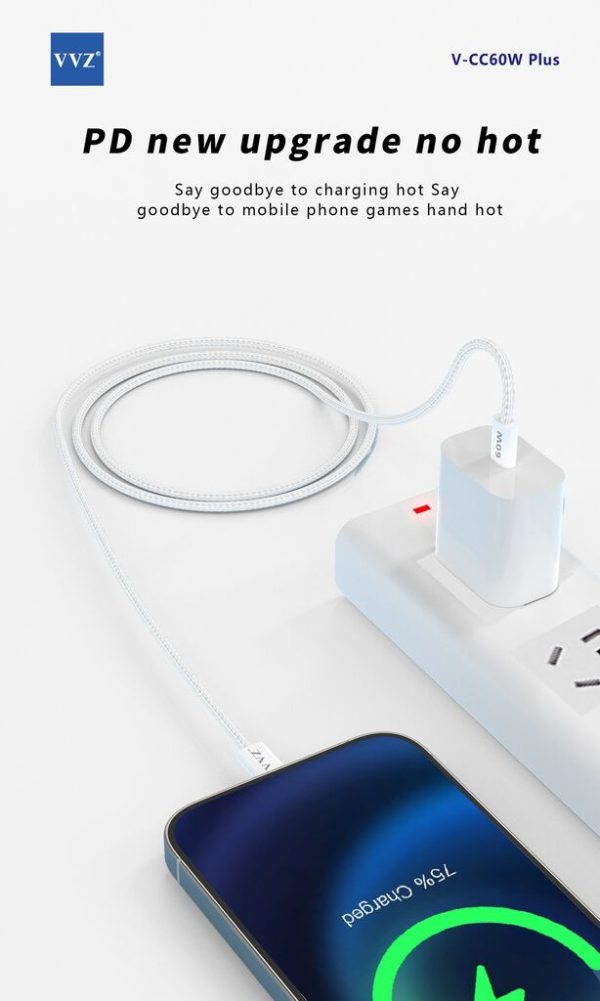 Cáp C to C dài 2 mét hãng VVZ, sạc siêu nhanh 60w, Model: V - CC60w Plus Cáp C to C dài 2 mét hãng VVZ, sạc siêu nhanh 60w, Model: V - CC60w Plus