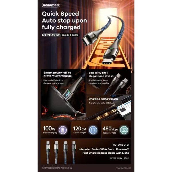 Remax Cáp Sạc Nhanh rc-c115 inteleyelec series 100w Có Đèn Led
