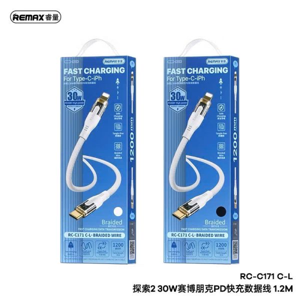 Cáp sạc nhanh 30W bọc dù chống rối Type-C to L Remax RC-C171