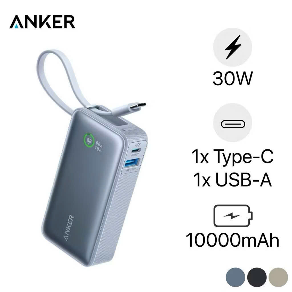 Pin Dự Phòng Anker Nano A1259 10.000mAh Công Suất 30W - Tích Hợp Cáp Sạc USB - C