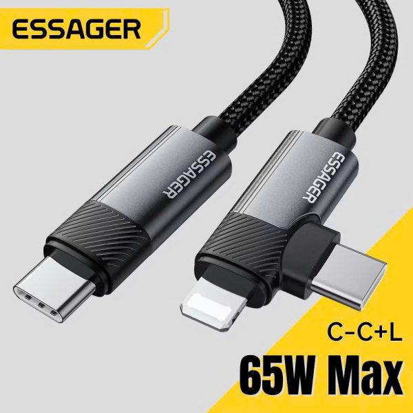 Cáp dữ liệu sạc nhanh ESSAGER 65W C-C + L 2 trong 1 tương thích với PD27W / 20W