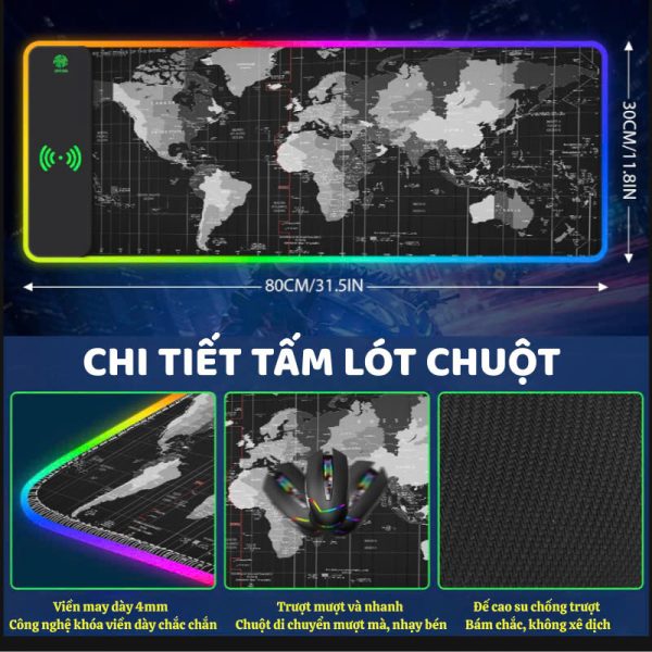 TẤM LÓT CHUỘT CỠ LỚN 80X30CM LED RGB CAO CẤP TÍCH HỢP SẠC KHÔNG DÂY 15W (Giao hình ngẫu nhiên)