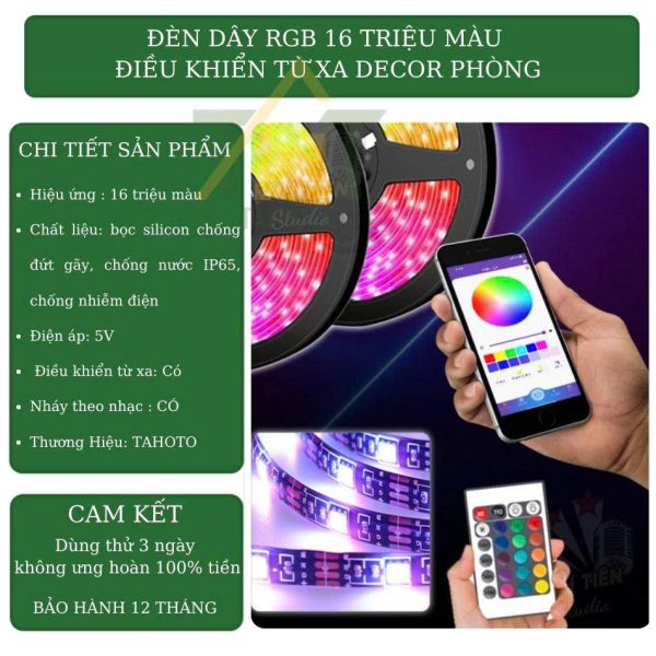 Đèn Dây Led RGB 16 triệu màu Điều Khiển Bằng Điện Thoại, Nháy Theo Nhạc, Trang Trí Decor Phòng