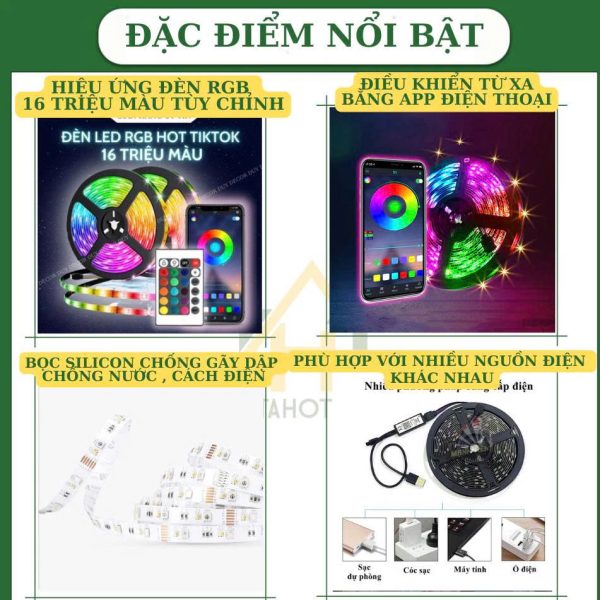 Đèn Dây Led RGB 16 triệu màu Điều Khiển Bằng Điện Thoại, Nháy Theo Nhạc, Trang Trí Decor Phòng