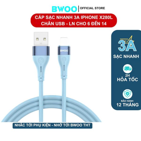 Cáp sạc silicon X280L USB TO L chính hãng BWOO dành cho 7/8/x/xsm...12/13/14/14promax
