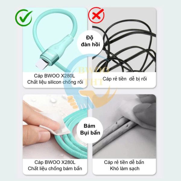 Cáp sạc silicon X280L USB TO L chính hãng BWOO dành cho 7/8/x/xsm...12/13/14/14promax Cáp sạc silicon X280L USB TO L chính hãng BWOO dành cho 7/8/x/xsm...12/13/14/14promax