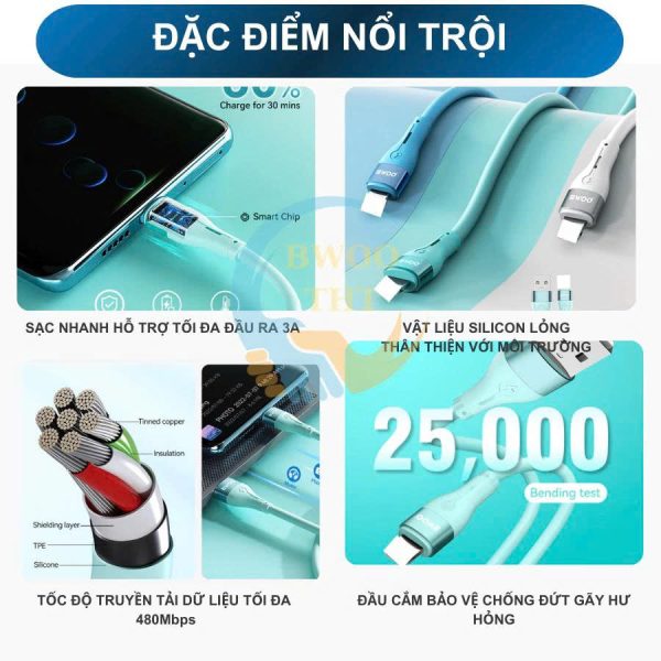 Cáp sạc silicon X280L USB TO L chính hãng BWOO dành cho 7/8/x/xsm...12/13/14/14promax Cáp sạc silicon X280L USB TO L chính hãng BWOO dành cho 7/8/x/xsm...12/13/14/14promax