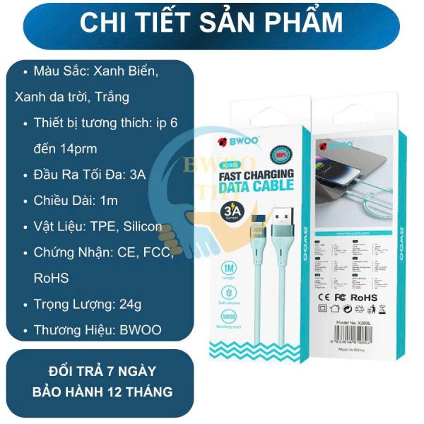 Cáp sạc silicon X280L USB TO L chính hãng BWOO dành cho 7/8/x/xsm...12/13/14/14promax Cáp sạc silicon X280L USB TO L chính hãng BWOO dành cho 7/8/x/xsm...12/13/14/14promax