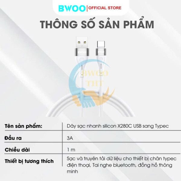 Cáp Sạc Nhanh X280C USB To Type-C Chính Hãng BWOO Dây Sạc Chống Rối Tương Thích Nhiều Thiết Bị