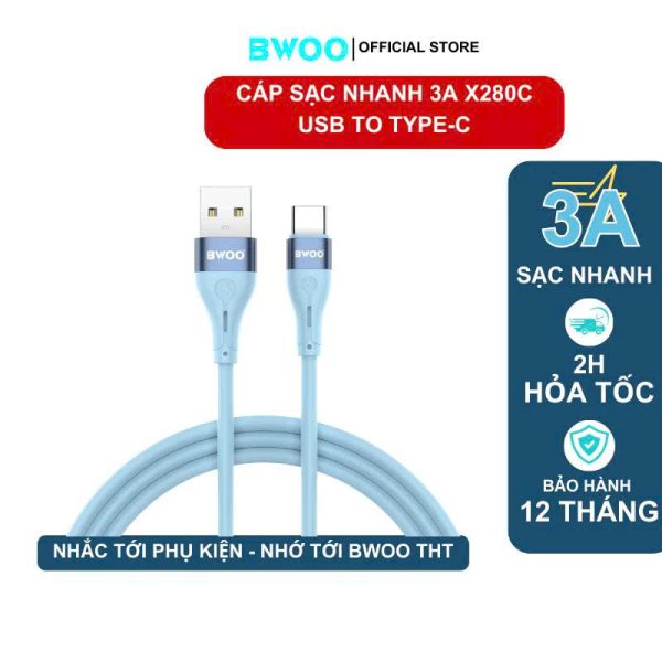 Cáp Sạc Nhanh X280C USB To Type-C Chính Hãng BWOO Dây Sạc Chống Rối Tương Thích Nhiều Thiết  Bị
