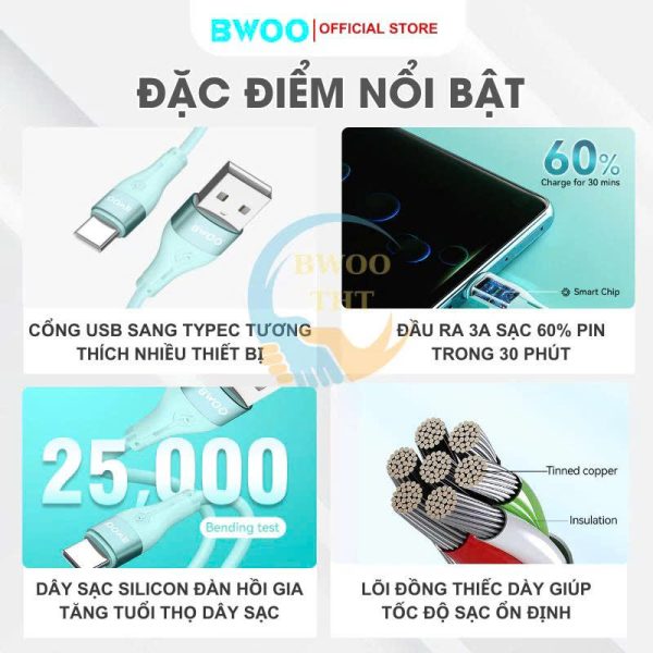Cáp Sạc Nhanh X280C USB To Type-C Chính Hãng BWOO Dây Sạc Chống Rối Tương Thích Nhiều Thiết Bị