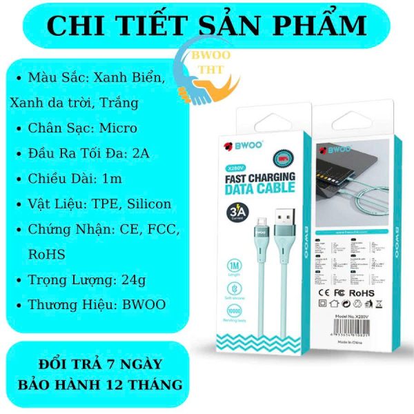 Cáp Sạc Nhanh USB to Micro BWOO Silicon Cho các dòng máy samsung oppo xiaomi huawei..BH 12 tháng