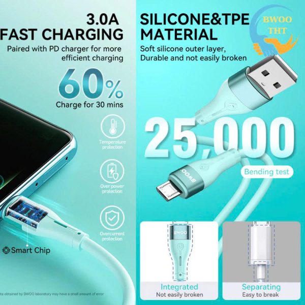 Cáp Sạc Nhanh USB to Micro BWOO Silicon Cho các dòng máy samsung oppo xiaomi huawei..BH 12 tháng