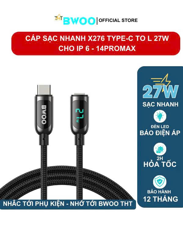 Cáp sạc nhanh X276 Chính Hãng BWOO Type-CtoL 27W cáp bọc dù kèm đèn báo sạc dành cho ip 6/7...14prm