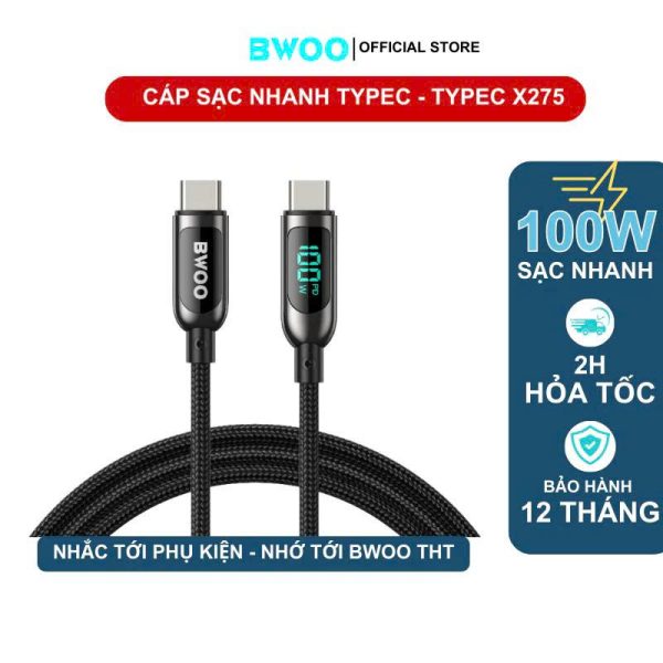 Cáp sạc nhanh TypeC to Typec PD 100W BWOO X275 Cho Ip 15/16 pro promax Điện thoại Laptop chân TypeCC