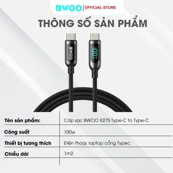 Cáp sạc nhanh TypeC to Typec PD 100W BWOO X275 Cho Ip 15/16 pro promax Điện thoại Laptop chân TypeCC