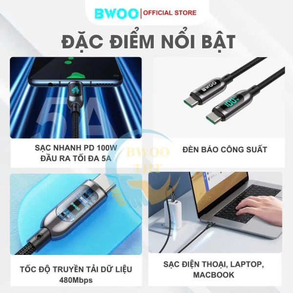 Cáp sạc nhanh TypeC to Typec PD 100W BWOO X275 Cho Ip 15/16 pro promax Điện thoại Laptop chân TypeCC