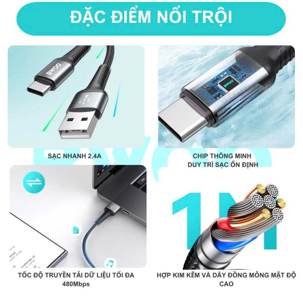 Cáp Sạc Nhanh Usb to Type C X288C Chính Hãng Bwoo Dùng cho các dòng máy chân Type C Samsung Oppo....
