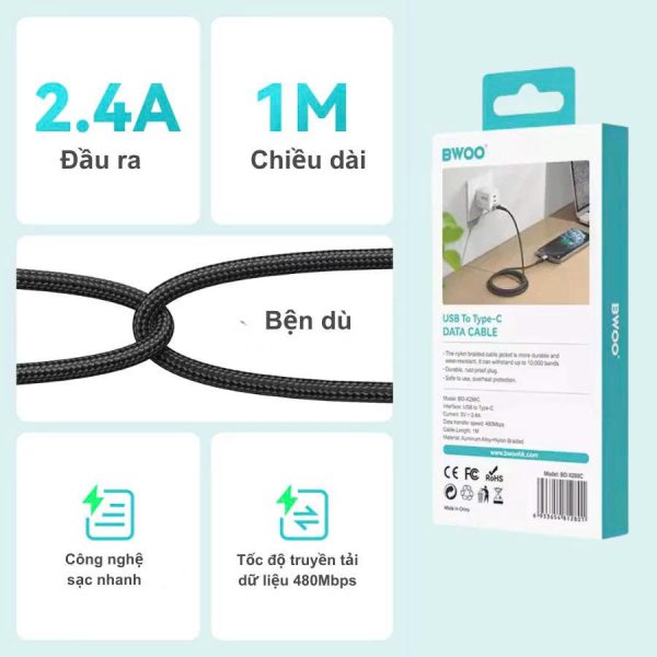 Cáp Sạc Nhanh Usb to Type C X288C Chính Hãng Bwoo Dùng cho các dòng máy chân Type C Samsung Oppo....
