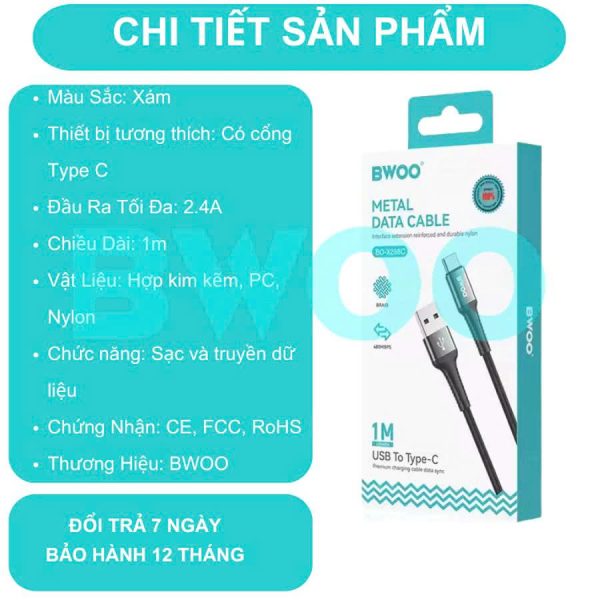 Cáp Sạc Nhanh Usb to Type C X288C Chính Hãng Bwoo Dùng cho các dòng máy chân Type C Samsung Oppo....