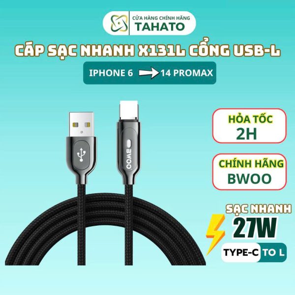 Cáp sạc nhanh iphone X131L bóc dù chính hãng Bwoo USB TO L Cáp sạc iphone cho máy từ 6 đến 14 promax