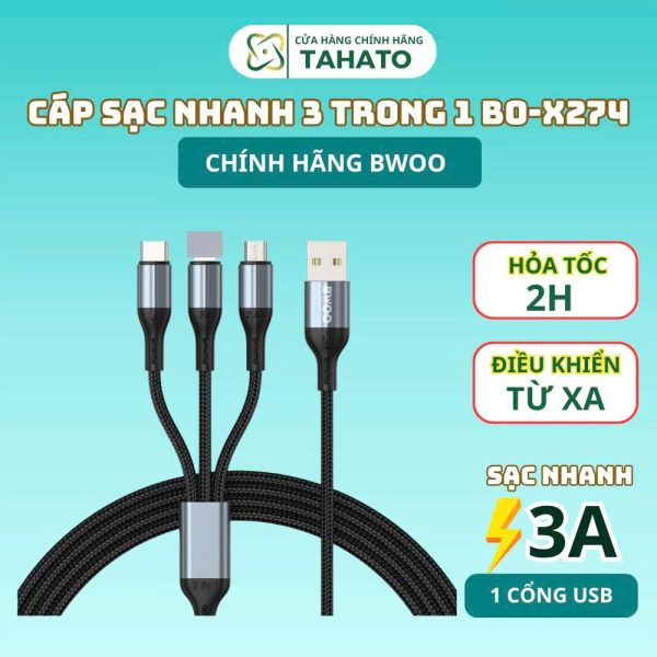 Cáp sạc nhanh 3 đầu Bwoo BO-X274 | sạc cùng lúc 3 thiết bị | sạc nhanh 3A Bảo Hành 6 tháng