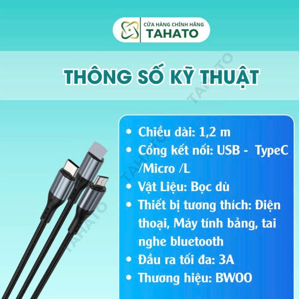 Cáp sạc nhanh 3 đầu Bwoo BO-X274 | sạc cùng lúc 3 thiết bị | sạc nhanh 3A Bảo Hành 6 tháng