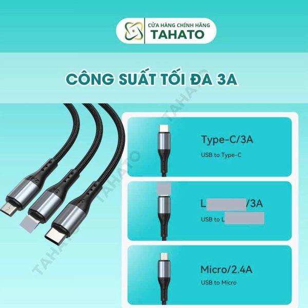 Cáp sạc nhanh 3 đầu Bwoo BO-X274 | sạc cùng lúc 3 thiết bị | sạc nhanh 3A Bảo Hành 6 tháng