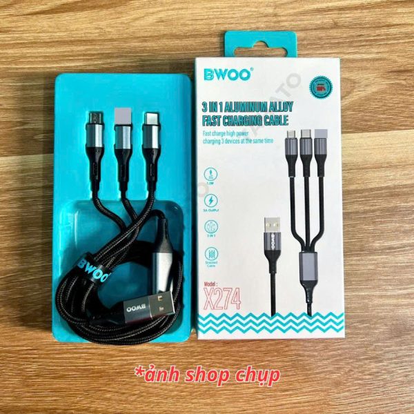 Cáp sạc nhanh 3 đầu Bwoo BO-X274 | sạc cùng lúc 3 thiết bị | sạc nhanh 3A Bảo Hành 6 tháng