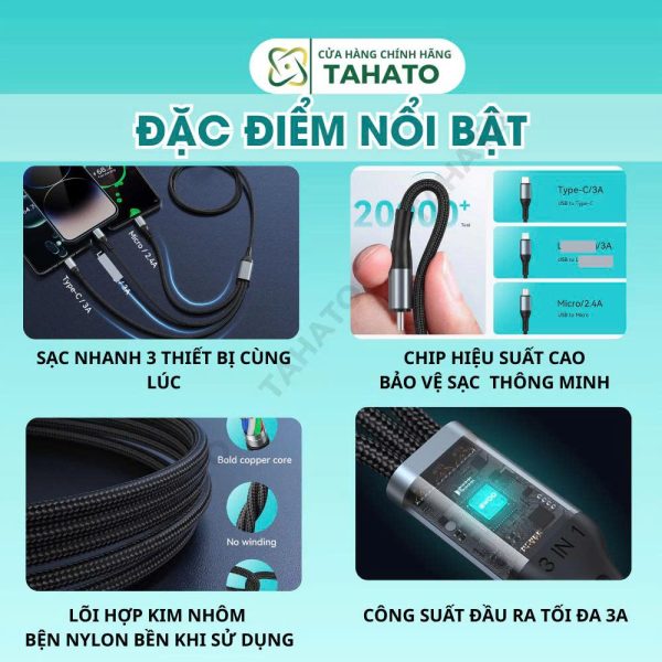 Cáp sạc nhanh 3 đầu Bwoo BO-X274 | sạc cùng lúc 3 thiết bị | sạc nhanh 3A Bảo Hành 6 tháng
