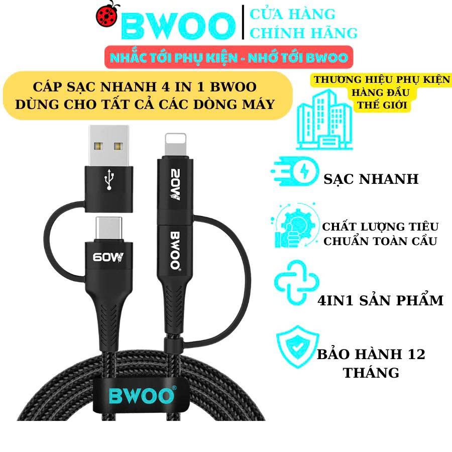 Cáp sạc 4in1 Bwoo sạc nhanh cho các dòng máy Iphone Samsung Oppo Xiaomi Rexmi Bảo Hành 6 Tháng