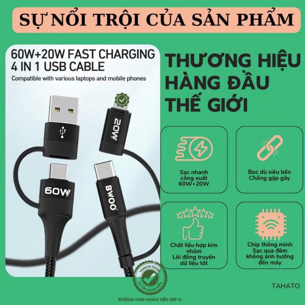 Cáp sạc 4in1 Bwoo sạc nhanh cho các dòng máy Iphone Samsung Oppo Xiaomi Rexmi Bảo Hành 6 Tháng
