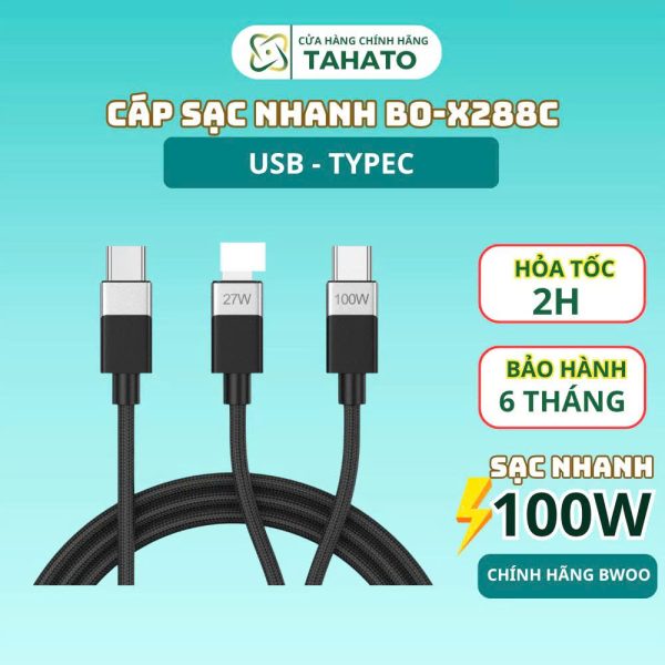 Dây Cáp Sạc Nhanh 2 Trong 1 BO-X306 Type-C To Type C & L Công suất 27W VÀ 100W Chính Hãng Bwoo
