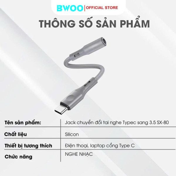 Jack Chuyển Đổi Tai NgheType-C Sang 3.5mm Chính Hãng BWOO SX-80