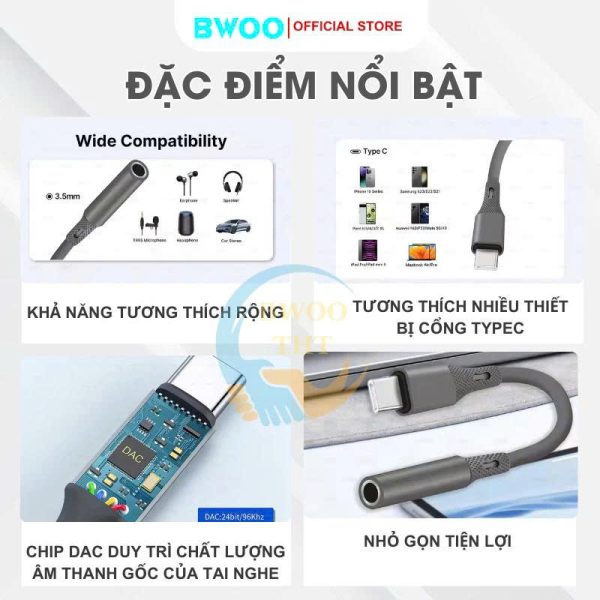 Jack Chuyển Đổi Tai NgheType-C Sang 3.5mm Chính Hãng BWOO SX-80