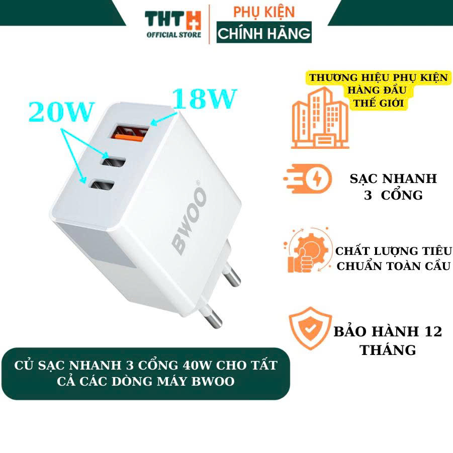 Củ Sạc Nhanh 3 Cổng 40W Bwoo Cho Các Dòng Máy Iphone Samsung Oppo Xiaomi ...BH 6 Tháng