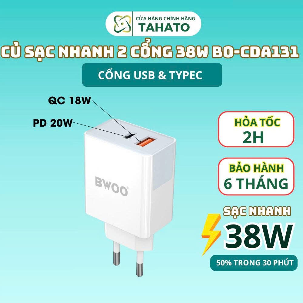 Củ sạc nhanh 2 cổng 38W chính hãng BWOO cho các dòng máy Iphone Samsung Oppoo Xiaomi....