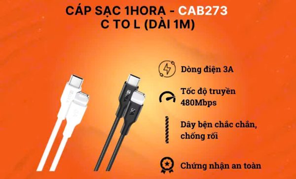 Dây Sạc Nhanh 1Hora CAB273 Cáp Type C to Lightning Dài 1M Sạc Nhanh 3A, Chất Liệu Dây Dù