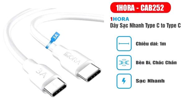 Dây Sạc Nhanh 1Hora CAB252 Cáp Type C to C Dài 1M Sạc Siêu Nhanh 3A, Chất Liệu Nhựa Cao Cấp