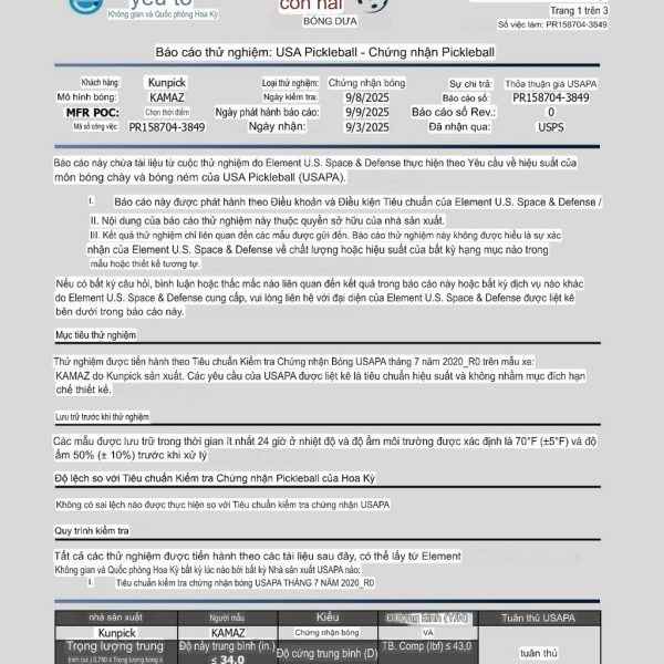Bóng Pickleball Kamaz đạt chuẩn USAPA chính hãng Kunpick