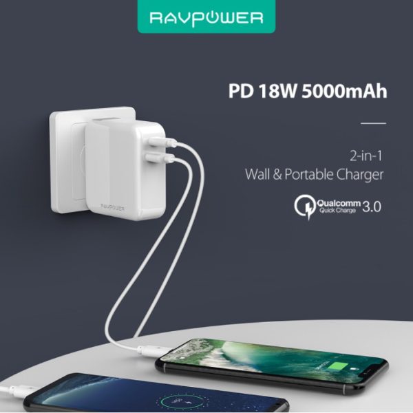 Pin dự phòng KIÊM Củ sạc RAVPOWER RP-PB101 5000mAh PD & QC 3.0